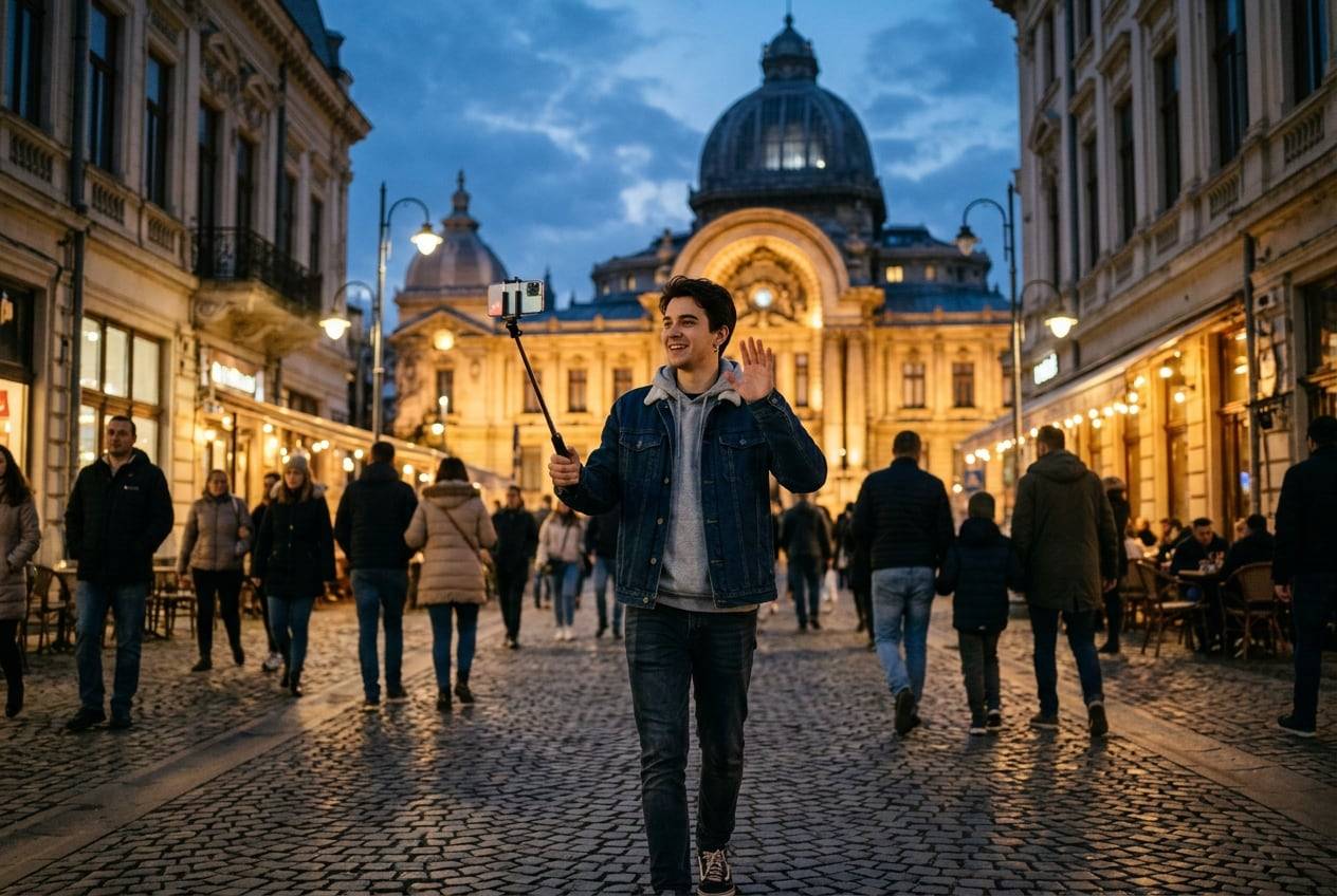 A young man at dusk in the Old Town (Lipscani), Bucharest, going live on a phone on a selfie stick at dusk, waving at the phone, city lights coming on