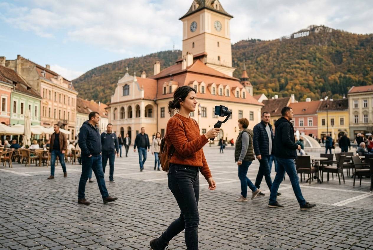 A woman in her 30s at the Council Square, Brașov, filming a vertical video with a phone gimbal while walking