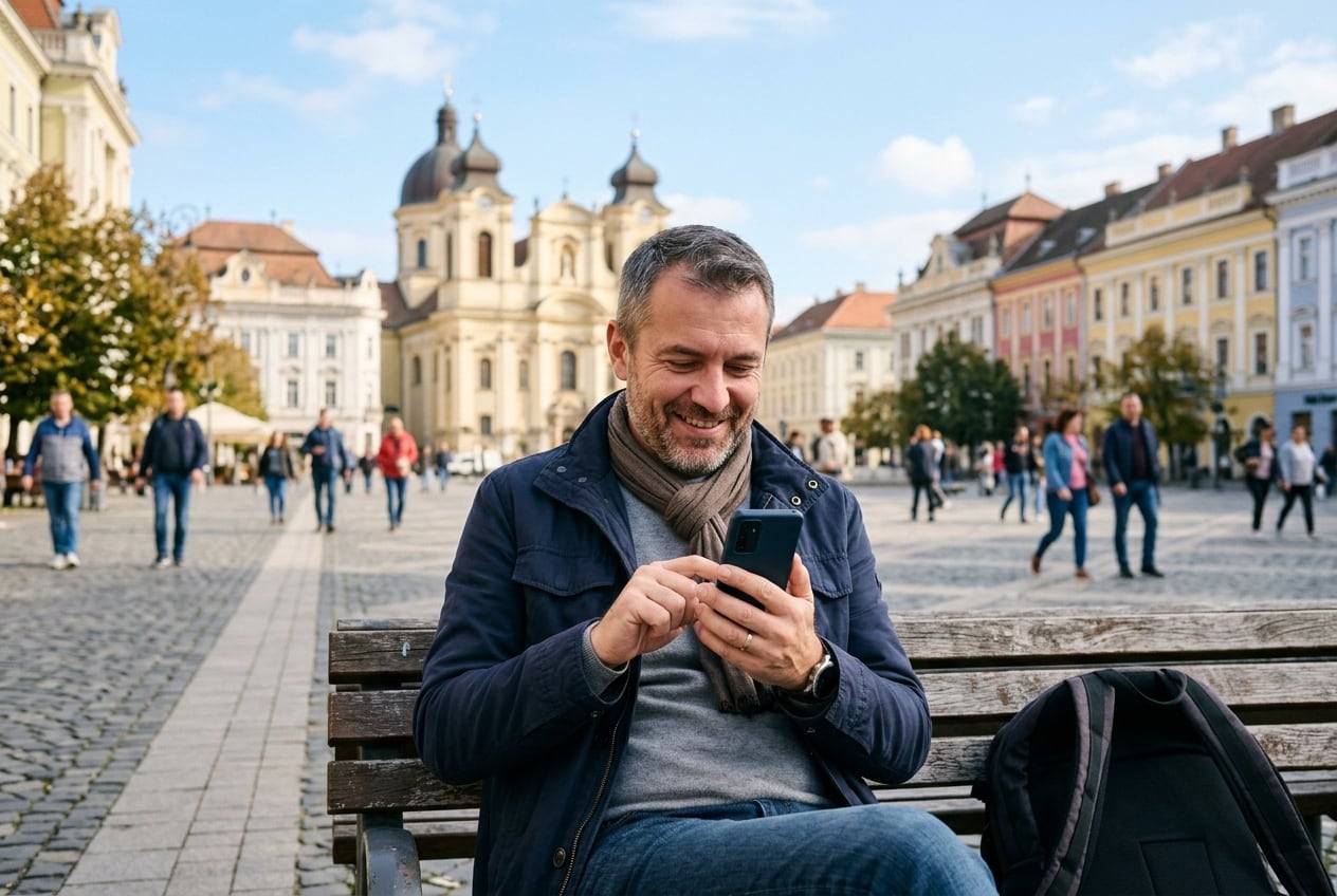 A man in his 40s at Union Square, Timișoara, typing a post on a phone while sitting on a bench, smiling