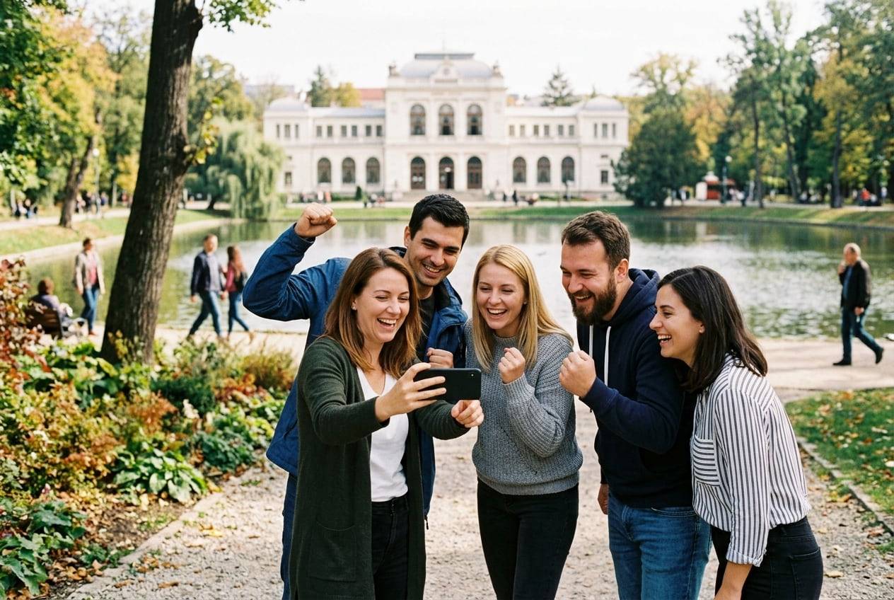 An office team at Cluj-Napoca Central Park, cheering while looking at one phone, celebrating a campaign launch, in branded-free company clothes
