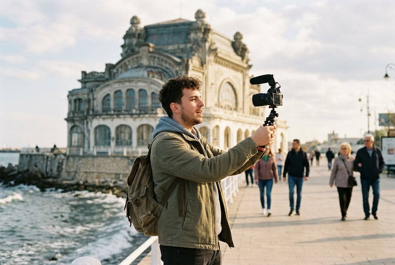 A young man at the Constanța Casino by the Black Sea, filming a travel vlog with a small camera on a handheld tripod, one person talking
