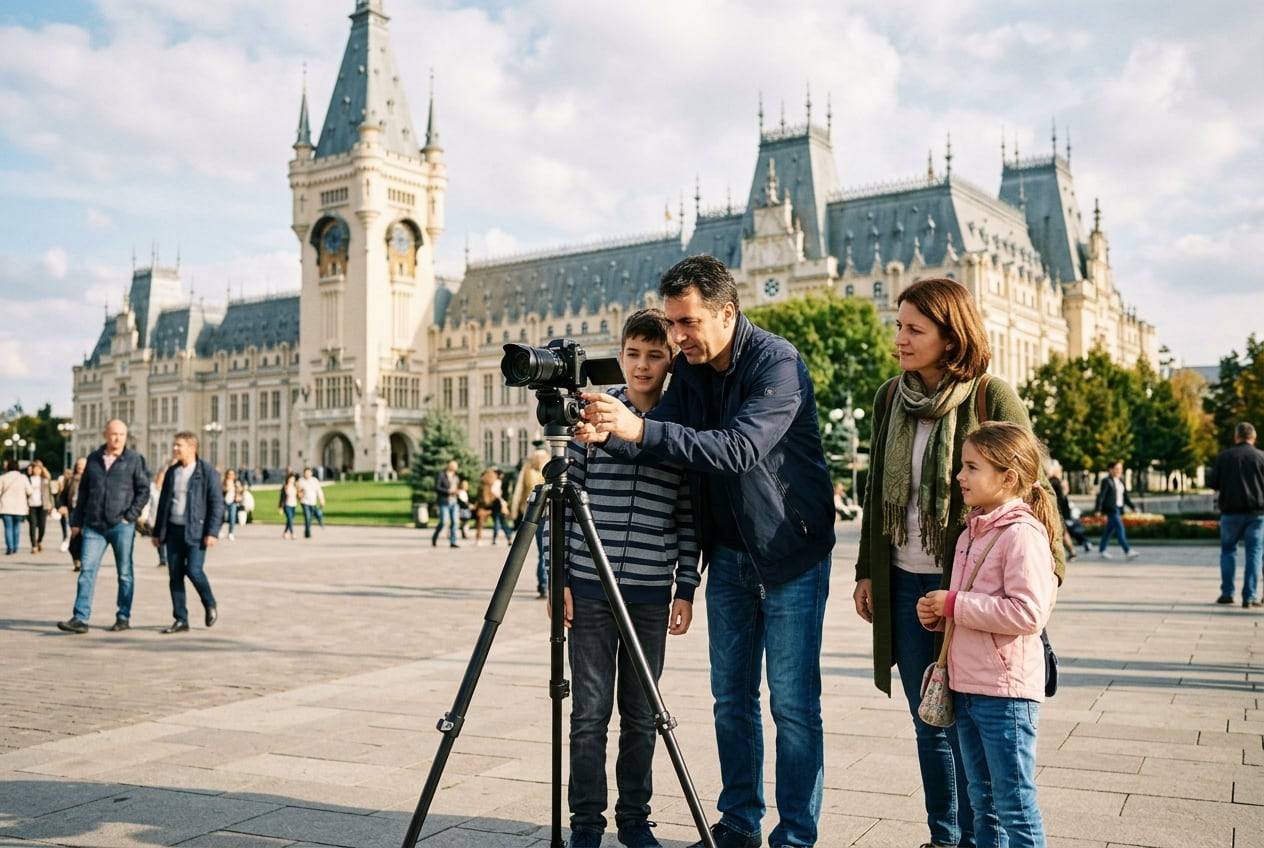A family at the Palace of Culture, Iași, filming a wide shot of the scene with a camera on a tripod, checking the flip screen