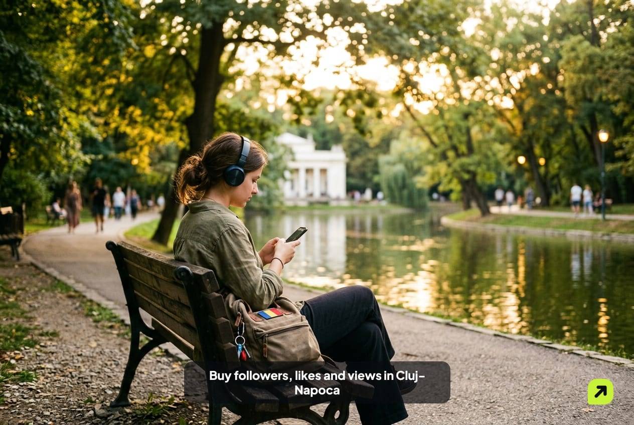 Student with headphones on a bench by the lake in Cluj-Napoca's Central Park on a summer evening
