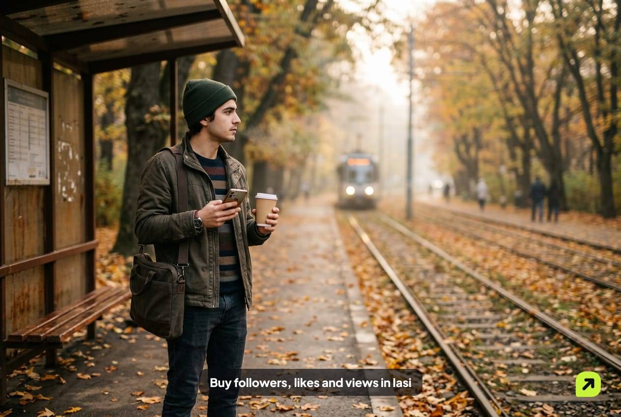 Young man waiting at a tram stop near Copou Park in Iasi on a misty autumn morning
