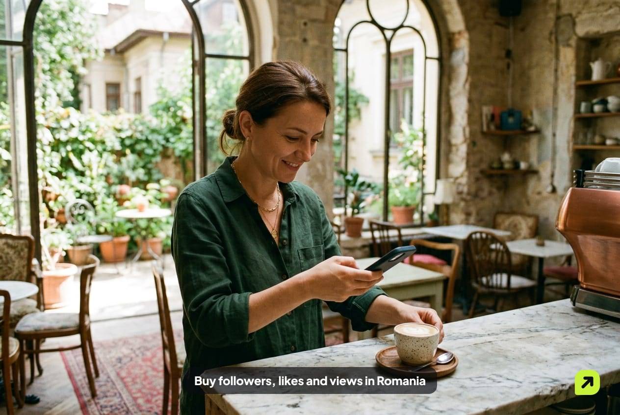 Café owner photographing a flat white on a marble counter in a sunlit Bucharest villa café with a garden terrace