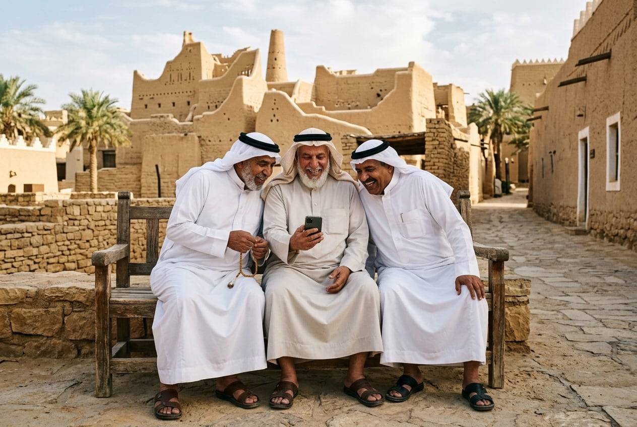 Three older friends in thobes sitting on a bench in the At-Turaif district, Diriyah, near Riyadh, looking at a phone together and laugh at the replies