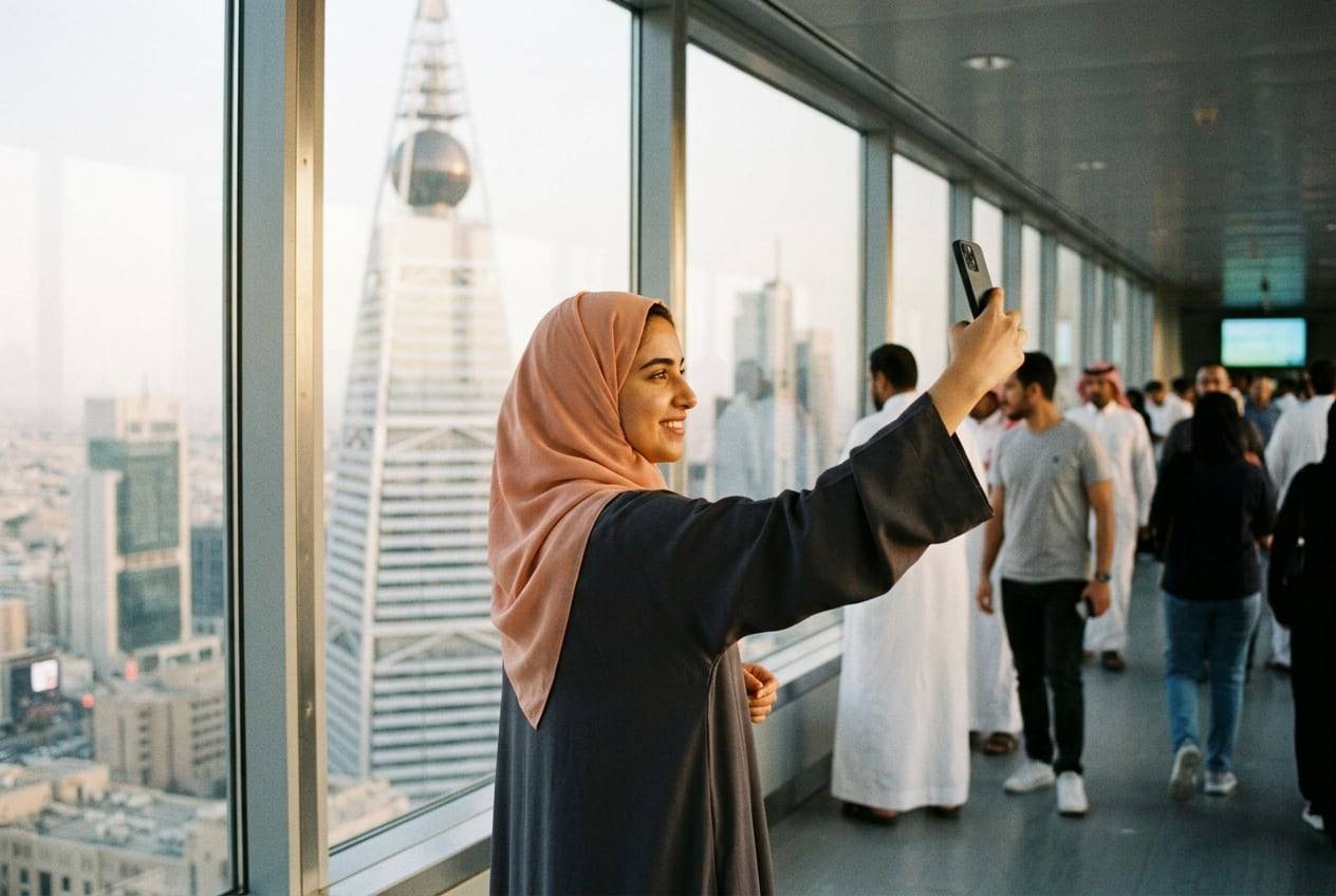 A young woman in a modest abaya and headscarf at the Kingdom Centre Tower sky bridge area, Riyadh, taking a selfie-style photo for their Instagram profile with a phone held up