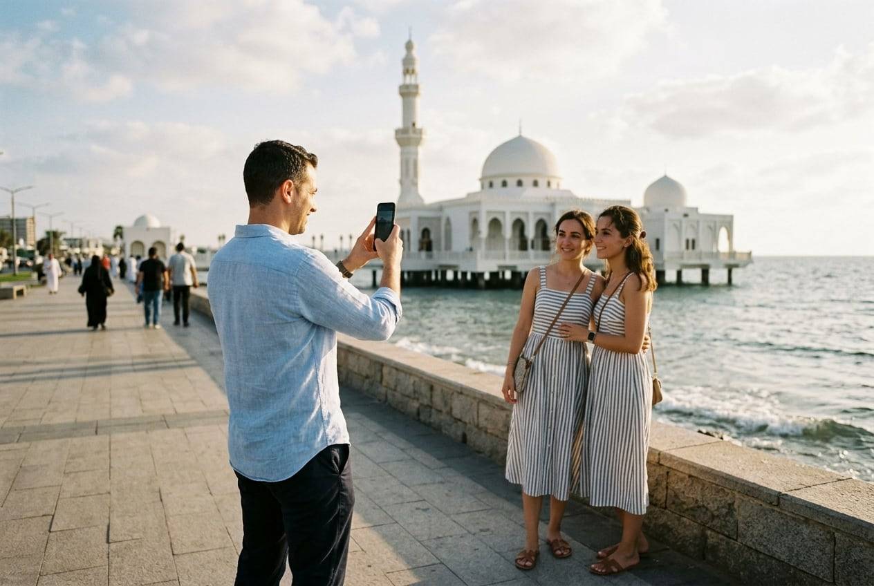 A couple in their 30s at the Floating Mosque (Al-Rahmah Mosque) on the Jeddah Corniche, photographing the view and each other with a phone for an Instagram post