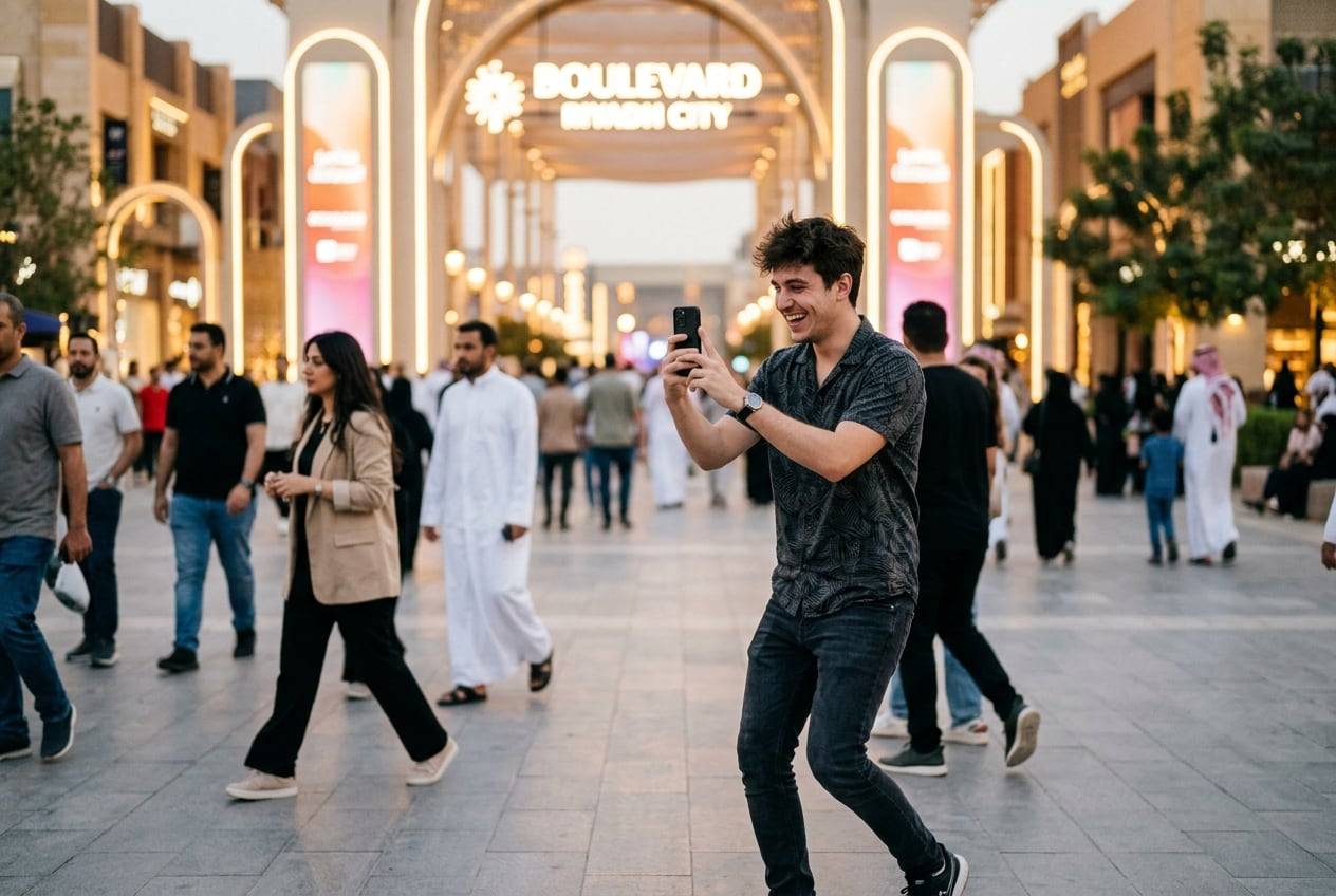 A young man in a casual shirt at Boulevard Riyadh City entrance, filming a short vertical Reel with a phone, one of them mid-movement
