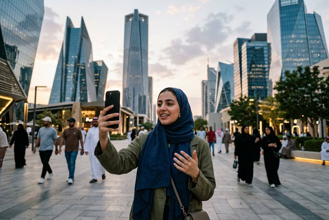 A young woman in a hijab at the King Abdullah Financial District (KAFD) plaza, Riyadh, recording a vertical TikTok video talking to a phone held at arm's length
