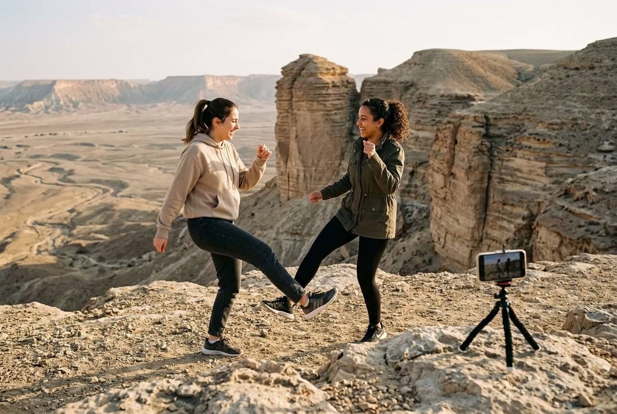 Two friends in modest casual clothes at Edge of the World cliffs near Riyadh, dancing a TikTok trend together while a phone on a mini tripod records them