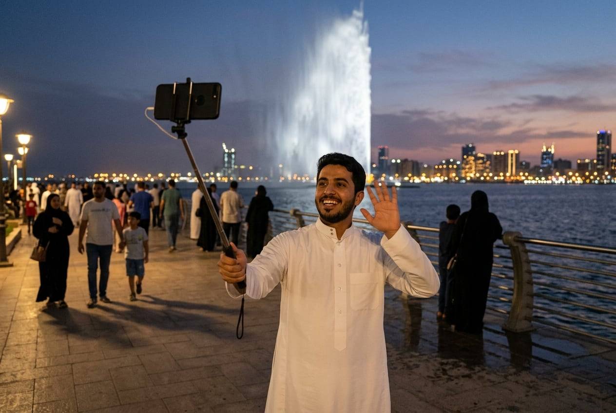 A young man in a thobe at dusk on the Jeddah Corniche beside the King Fahd Fountain, going live on a phone on a selfie stick at dusk, waving at the phone, city lights coming on
