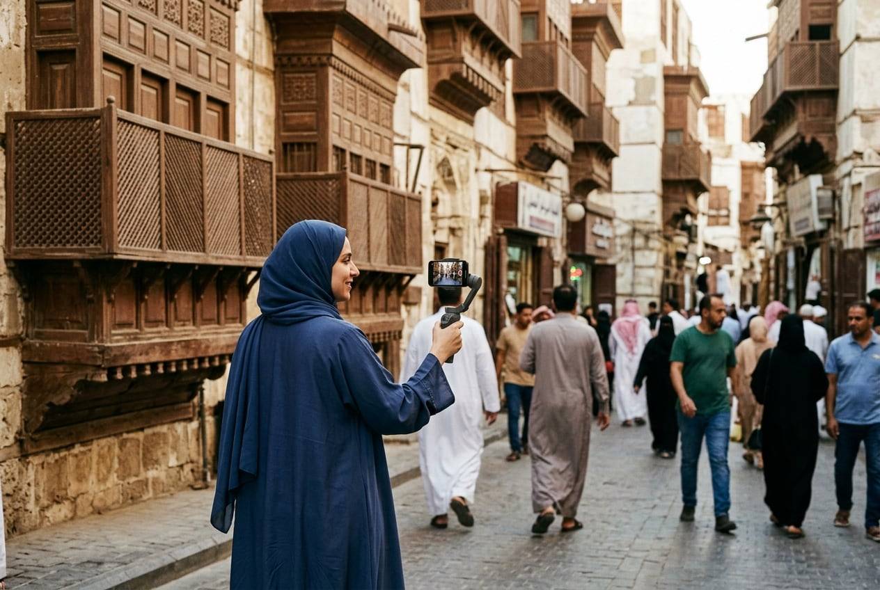 A woman in her 30s in a modest abaya at the carved wooden balconies of Al-Balad, Jeddah, filming a vertical video with a phone gimbal while walking