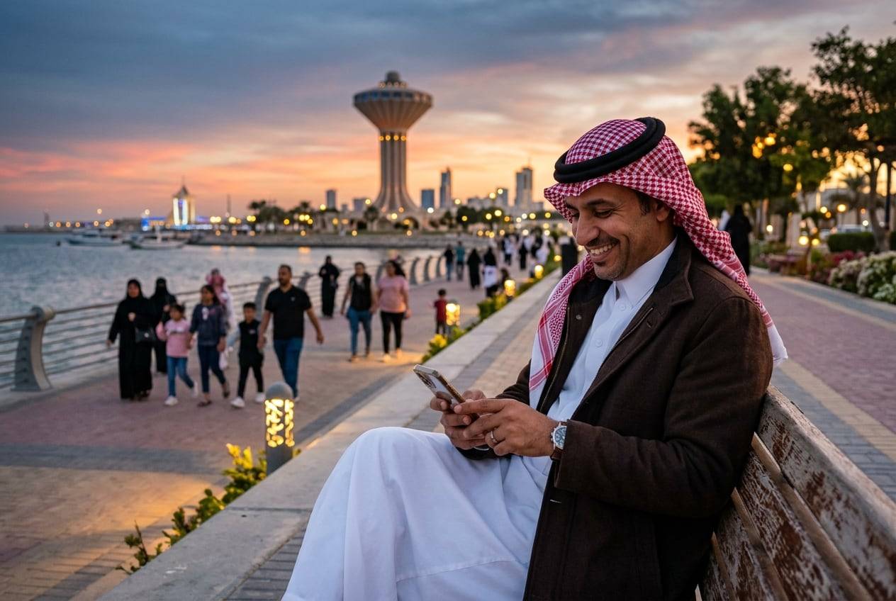 A man in his 40s in a thobe and ghutra at the Khobar Corniche waterfront at sunset, typing a post on a phone while sitting on a bench, smiling