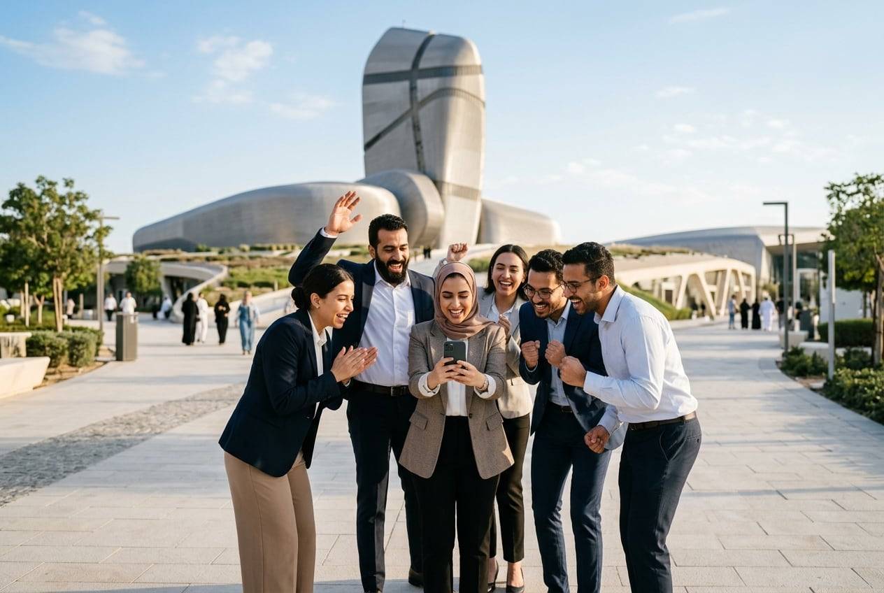 A small office team in business clothes outside the Ithra cultural center in Dhahran, cheering while looking at one phone, celebrating a campaign launch, in branded-free company clothes