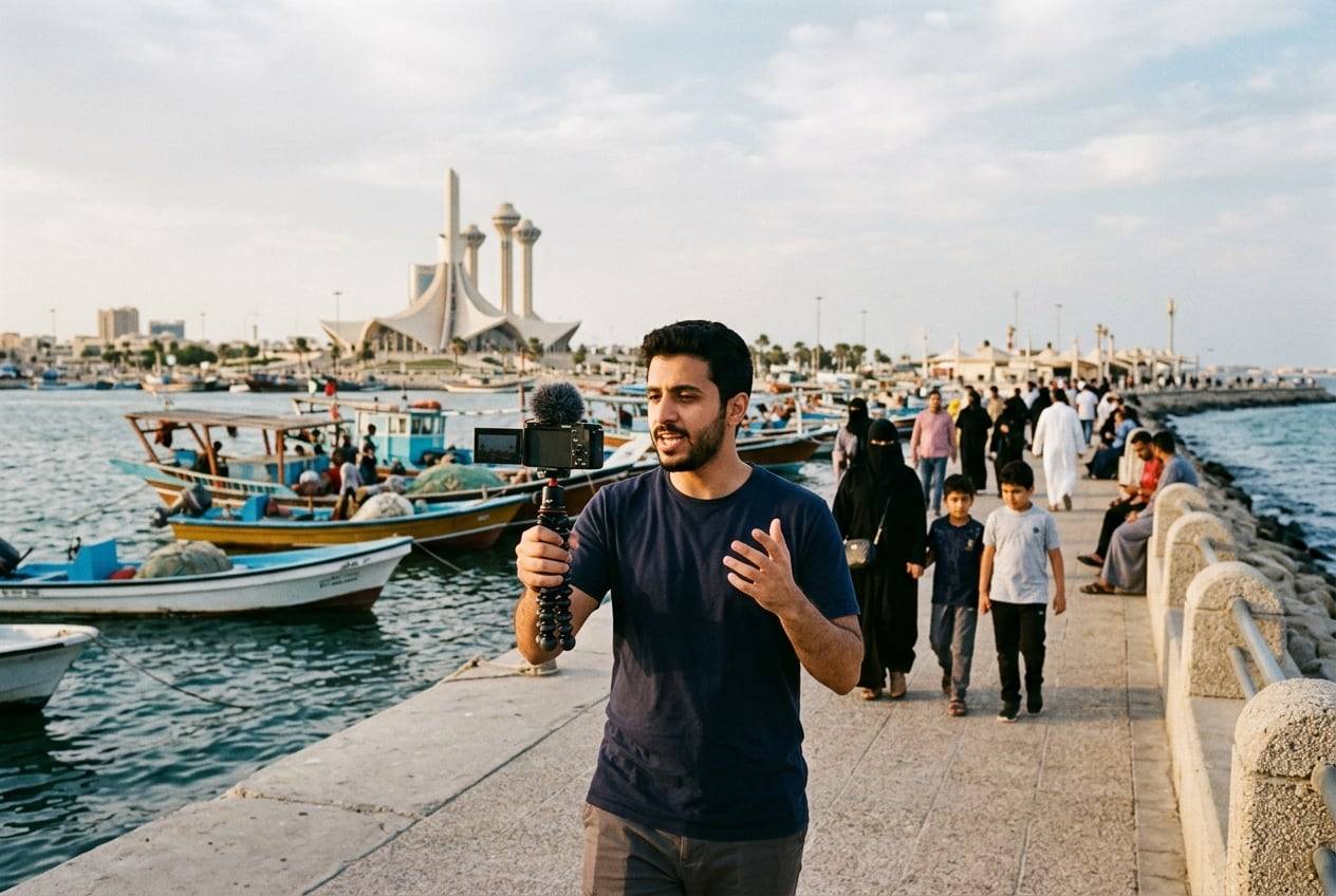 A young man in a casual shirt at the Dammam Corniche with fishing boats behind, filming a travel vlog with a small camera on a handheld tripod, one person talking