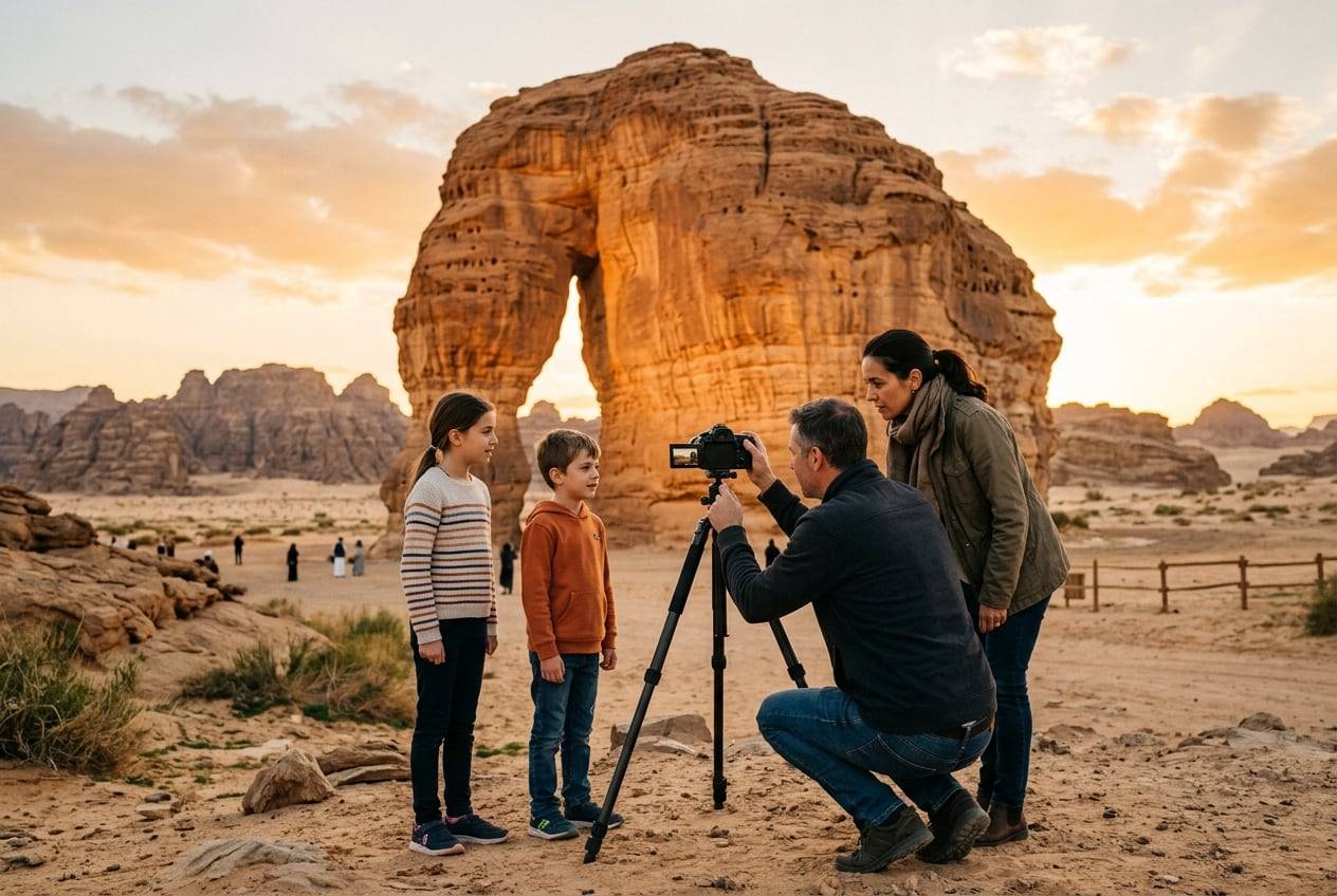 A family with two children at the AlUla Elephant Rock at golden hour, filming a wide shot of the scene with a camera on a tripod, checking the flip screen