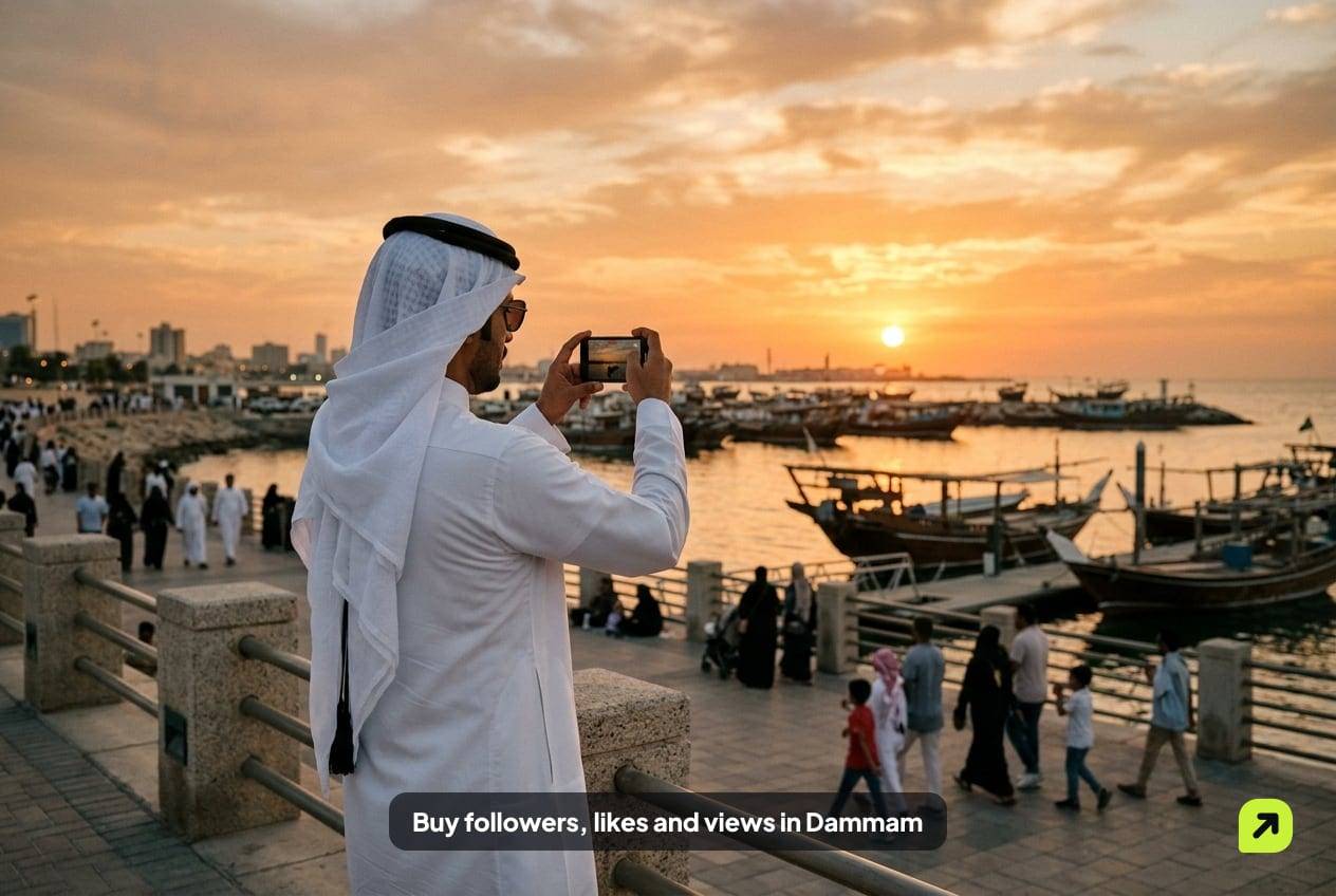 Creator filming the sea and boats along the Dammam Corniche at sunset