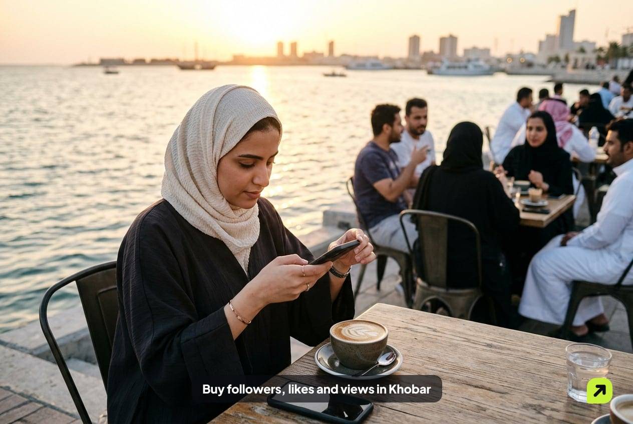 Creator filming a coffee cup on a waterfront café terrace in Khobar at golden hour