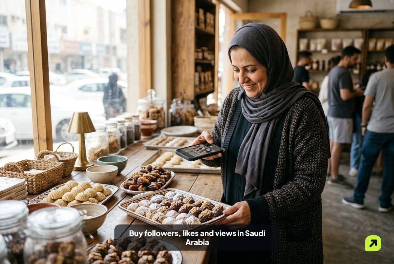 Shop owner in Jeddah filming handmade date sweets on a counter with her phone in warm window light