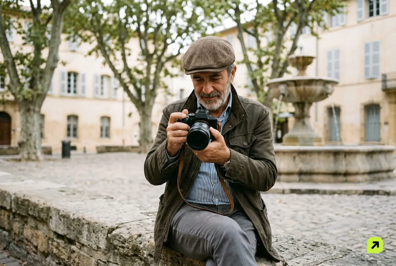 Street photographer on a low city wall reviewing shots on a camera angled away, overcast daylight