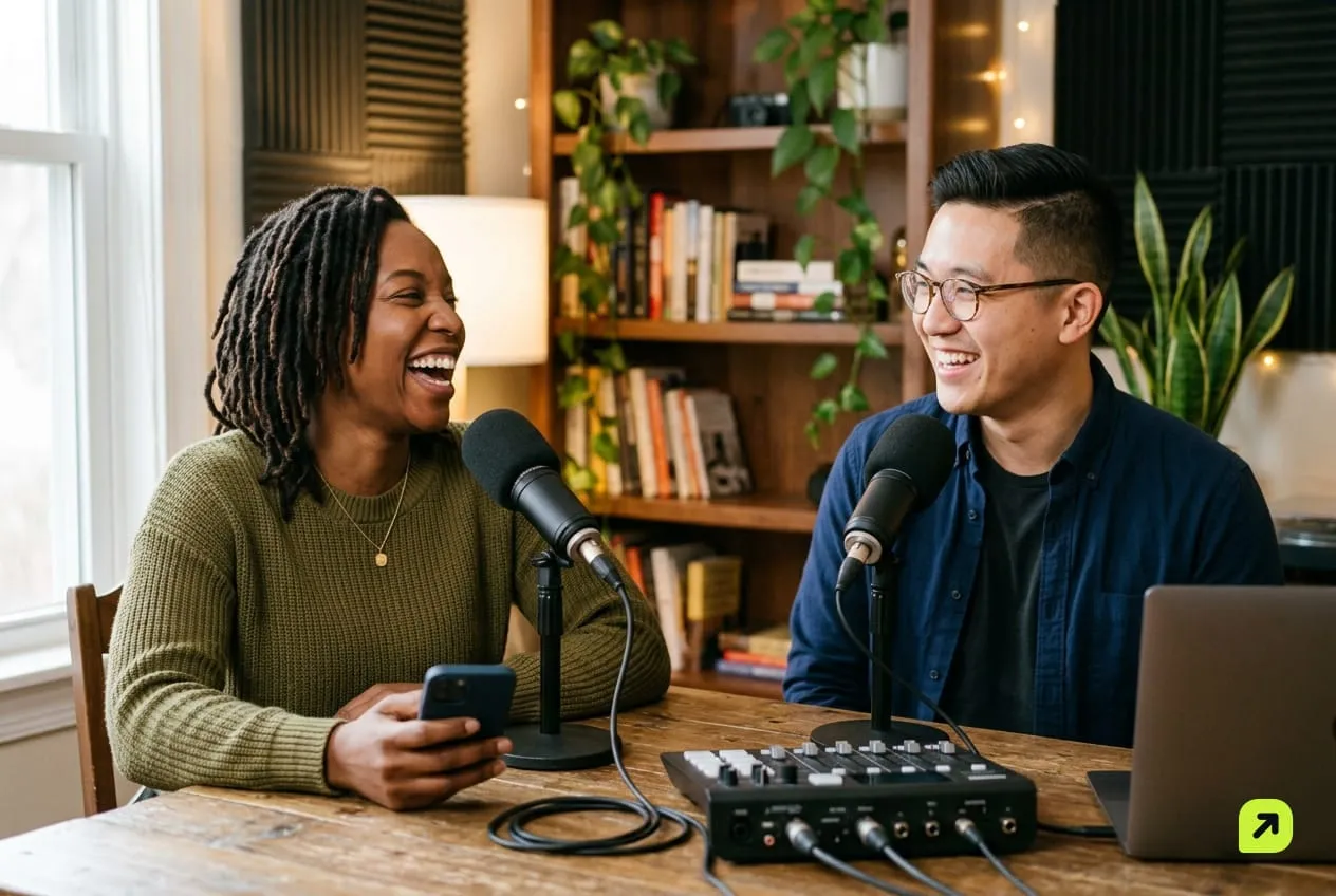 Two podcast hosts laughing at a small table with microphones during a break, one holding a phone facing away