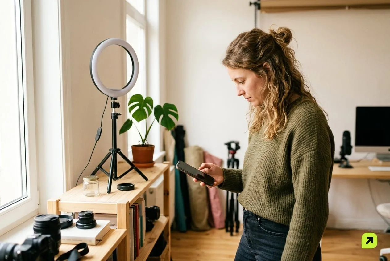Woman in a bright home studio reviewing a clip on a phone held with its screen turned away