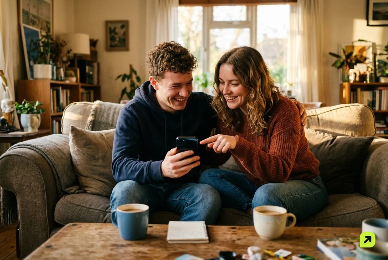 Two friends on a sofa pointing at a phone held between them, its screen facing away from the camera