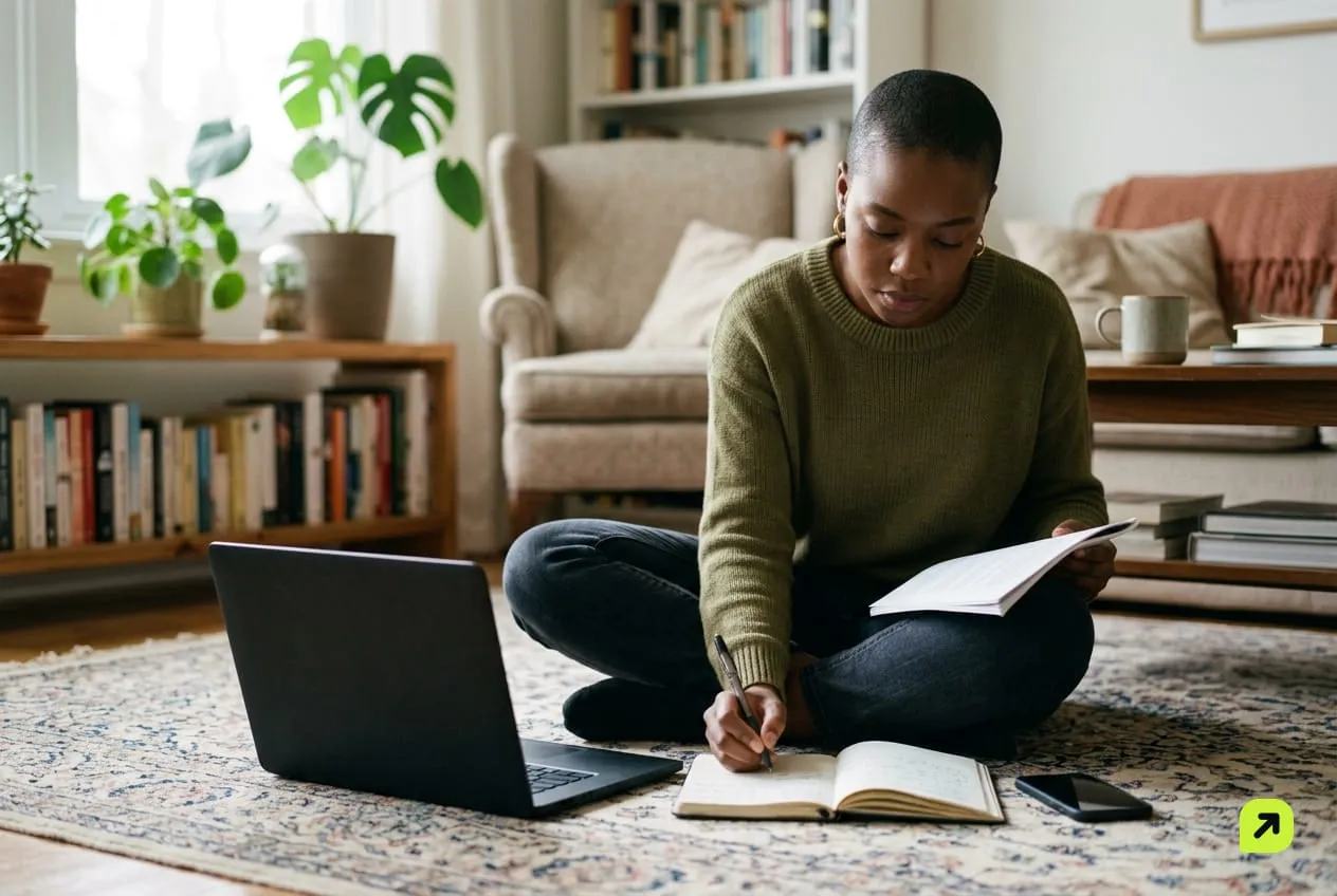Woman on a living room rug reading carefully with a pen in hand, laptop and phone screens turned away