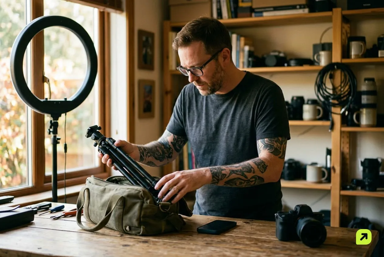 Creator packing a tripod in a small home studio while glancing at a phone on the desk, screen facing away