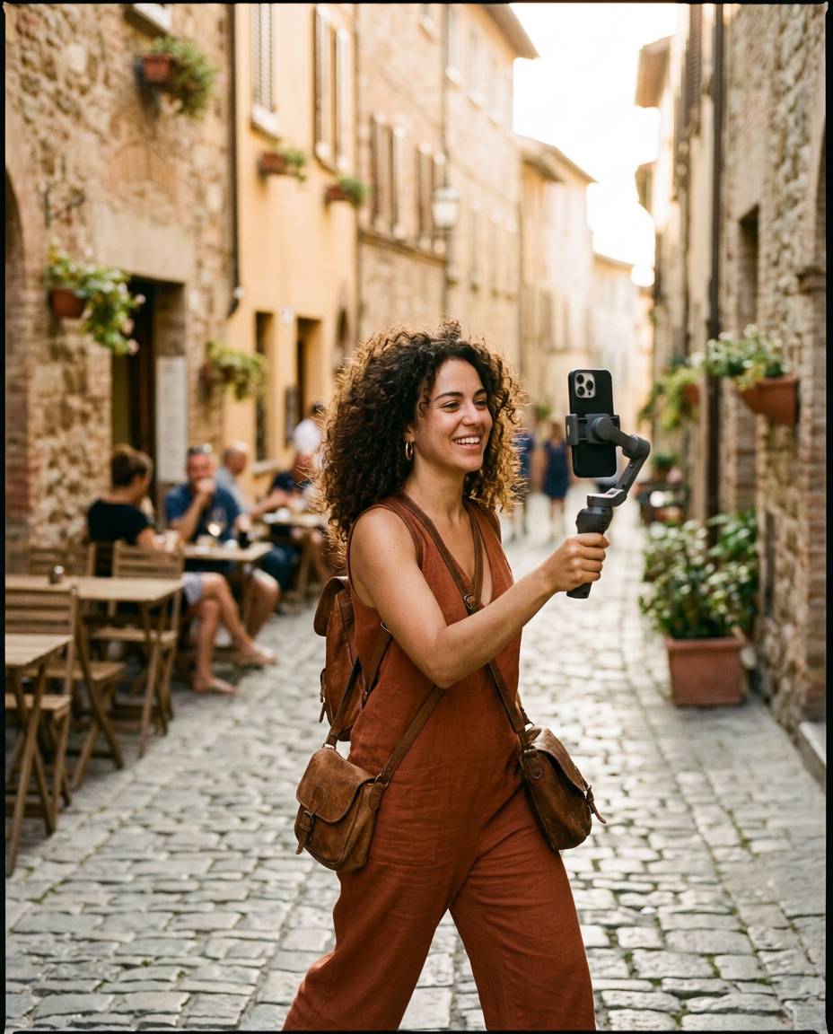 Travel creator filming herself with a phone gimbal in an old town street