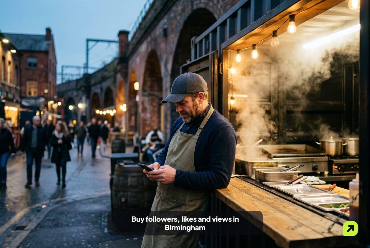 Street-food trader leaning on his container stall counter in Digbeth, Birmingham, on a cold evening, checking his phone
