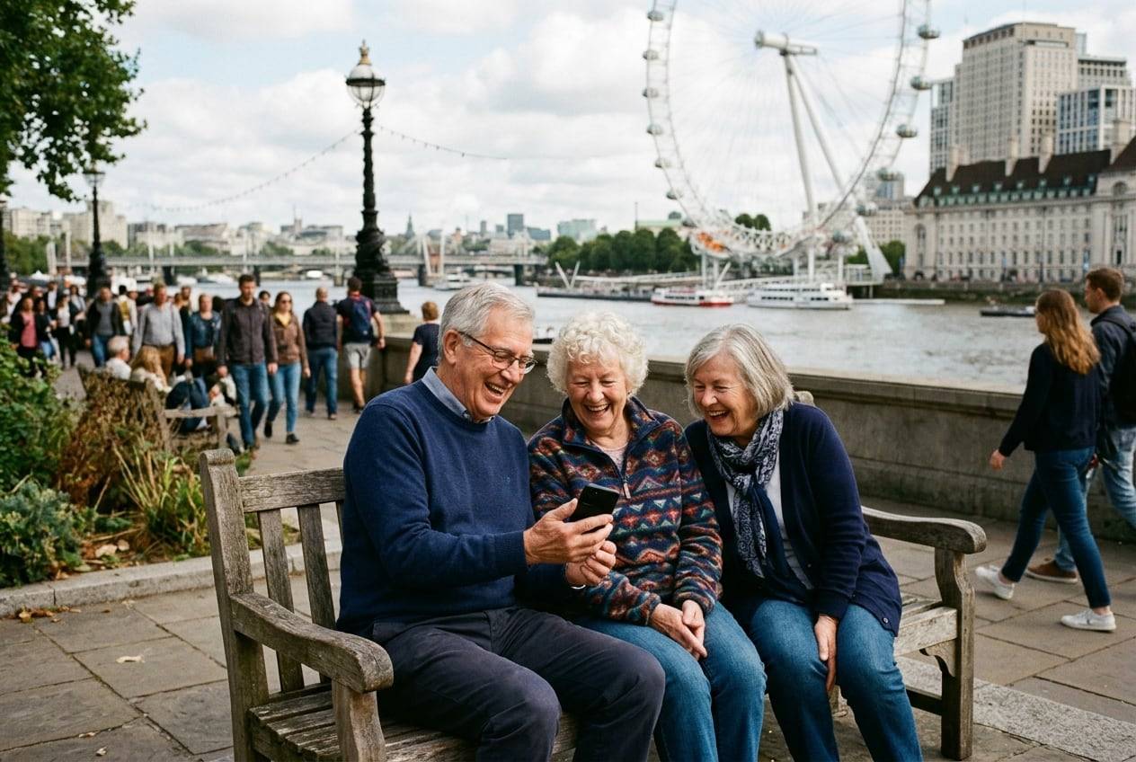Three retired friends on a bench by the River Thames with the London Eye behind, looking at a phone together and laugh at the replies
