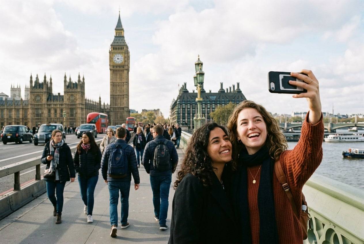 A young woman on Westminster Bridge with Big Ben behind, London, taking a selfie-style photo for a Instagram profile with a phone held up