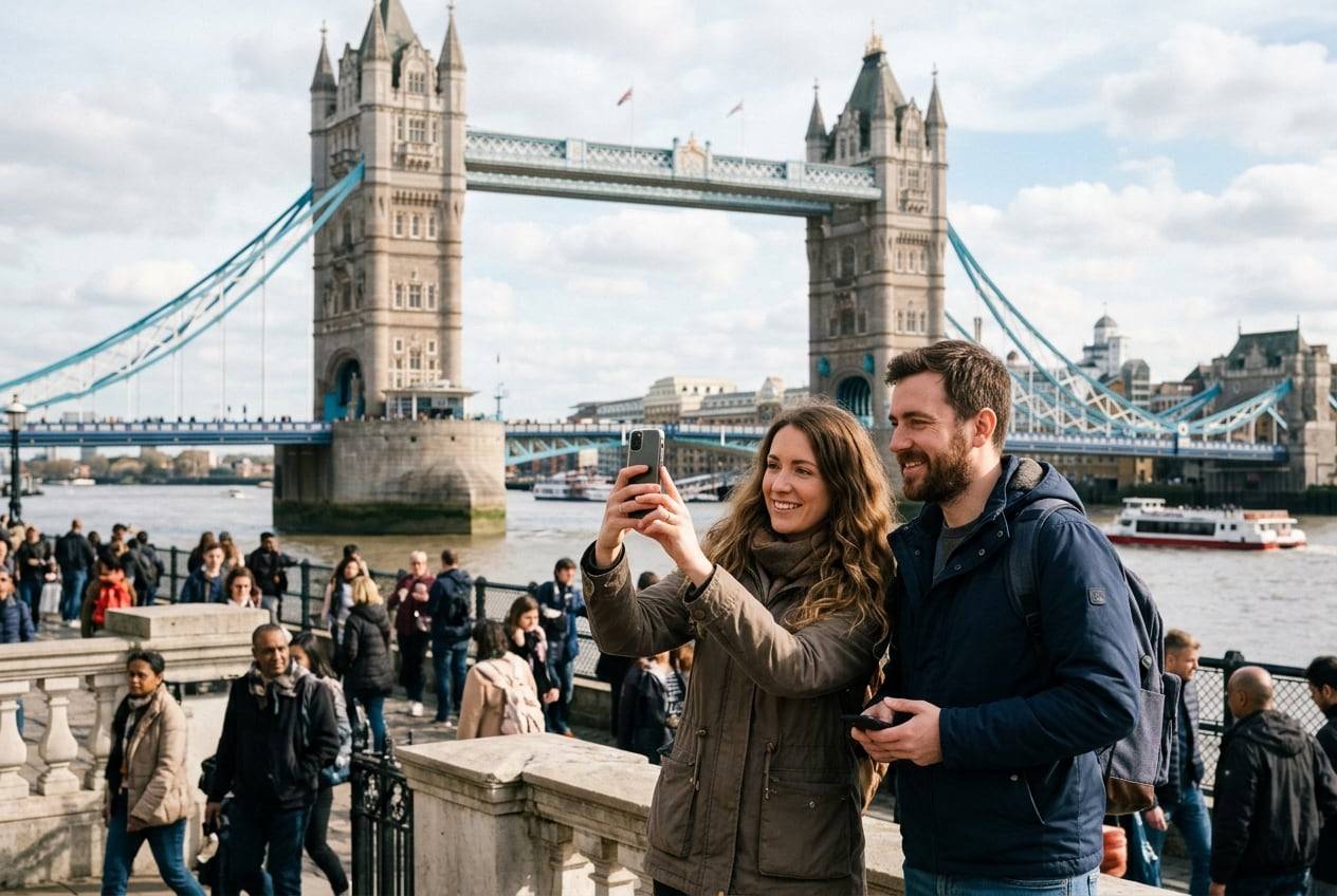 A couple in their 30s at Tower Bridge, London, photographing the view and each other with a phone for an Instagram post