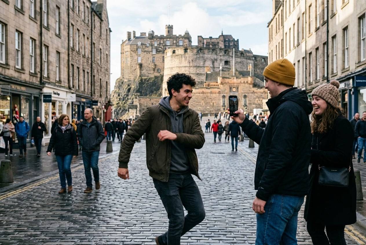 A young man on the Royal Mile with Edinburgh Castle behind, filming a short vertical Reel with a phone, one of them mid-movement