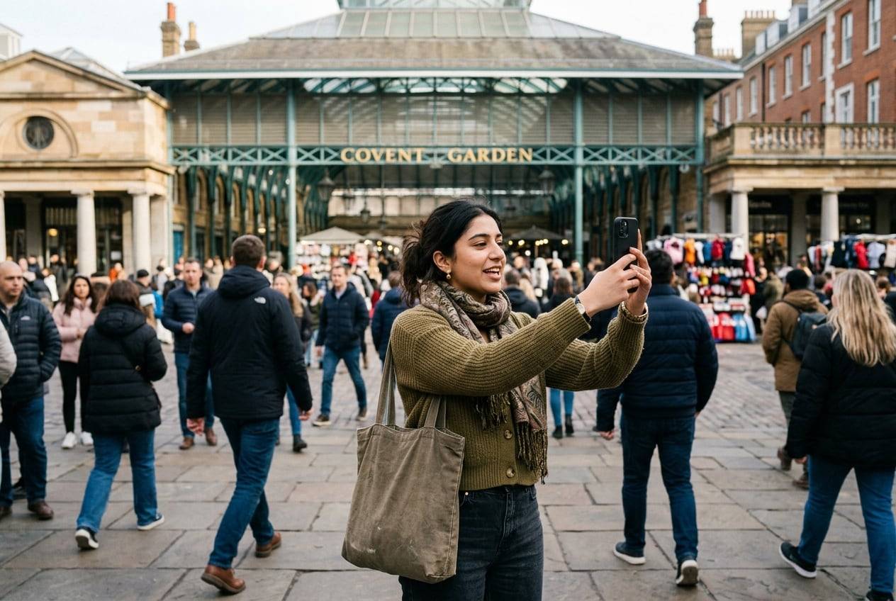 A young British-Pakistani woman in the Covent Garden market piazza, London, recording a vertical TikTok video talking to a phone held at arm's length