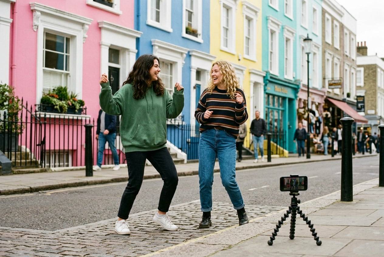 Two friends in front of the colourful houses of Notting Hill, London, dancing a TikTok trend together while a phone on a mini tripod records them