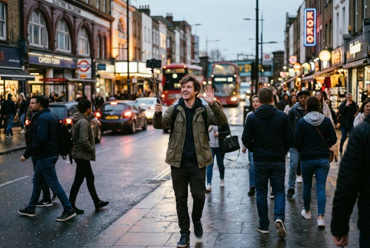 A young man at dusk on Camden High Street, London, going live on a phone on a selfie stick at dusk, waving at the phone, city lights coming on