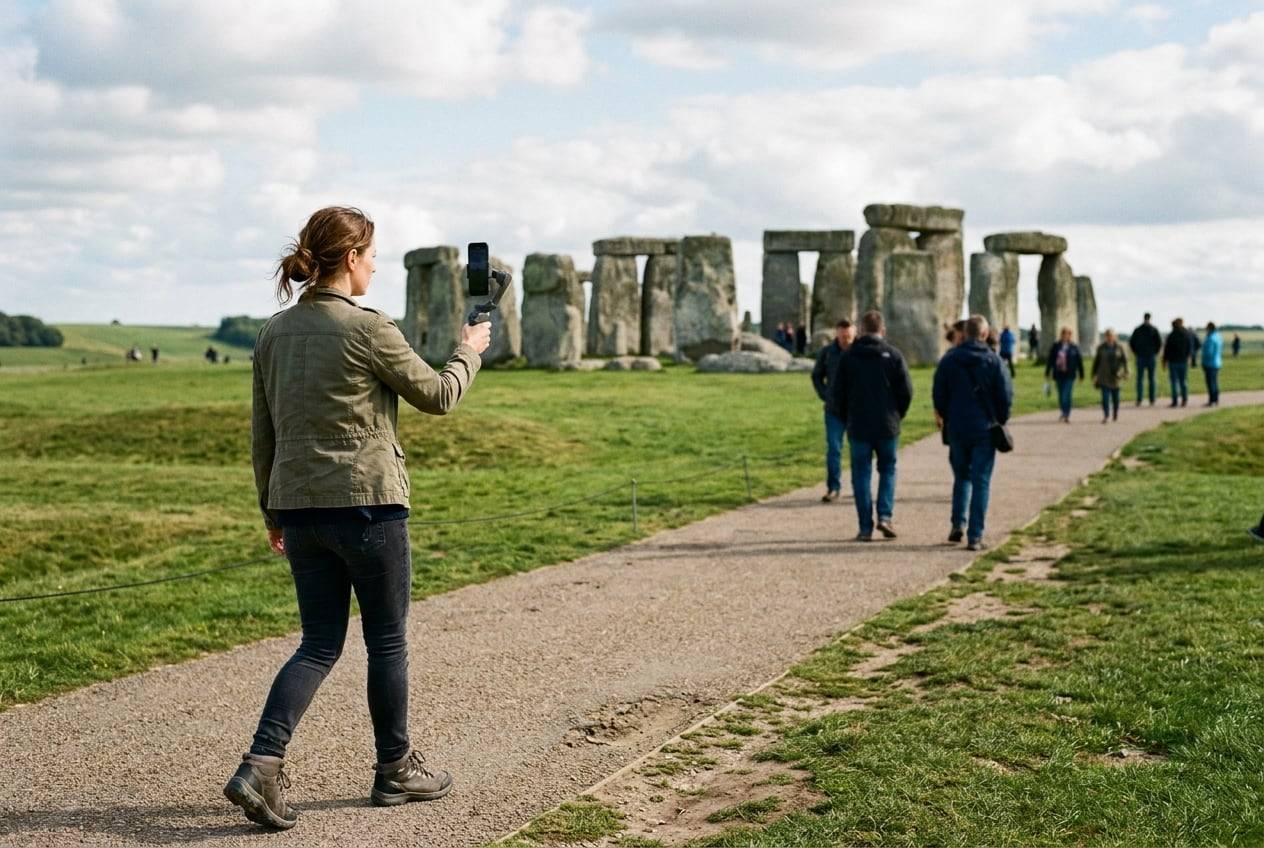 A woman in her 30s at Stonehenge, filming a vertical video with a phone gimbal while walking