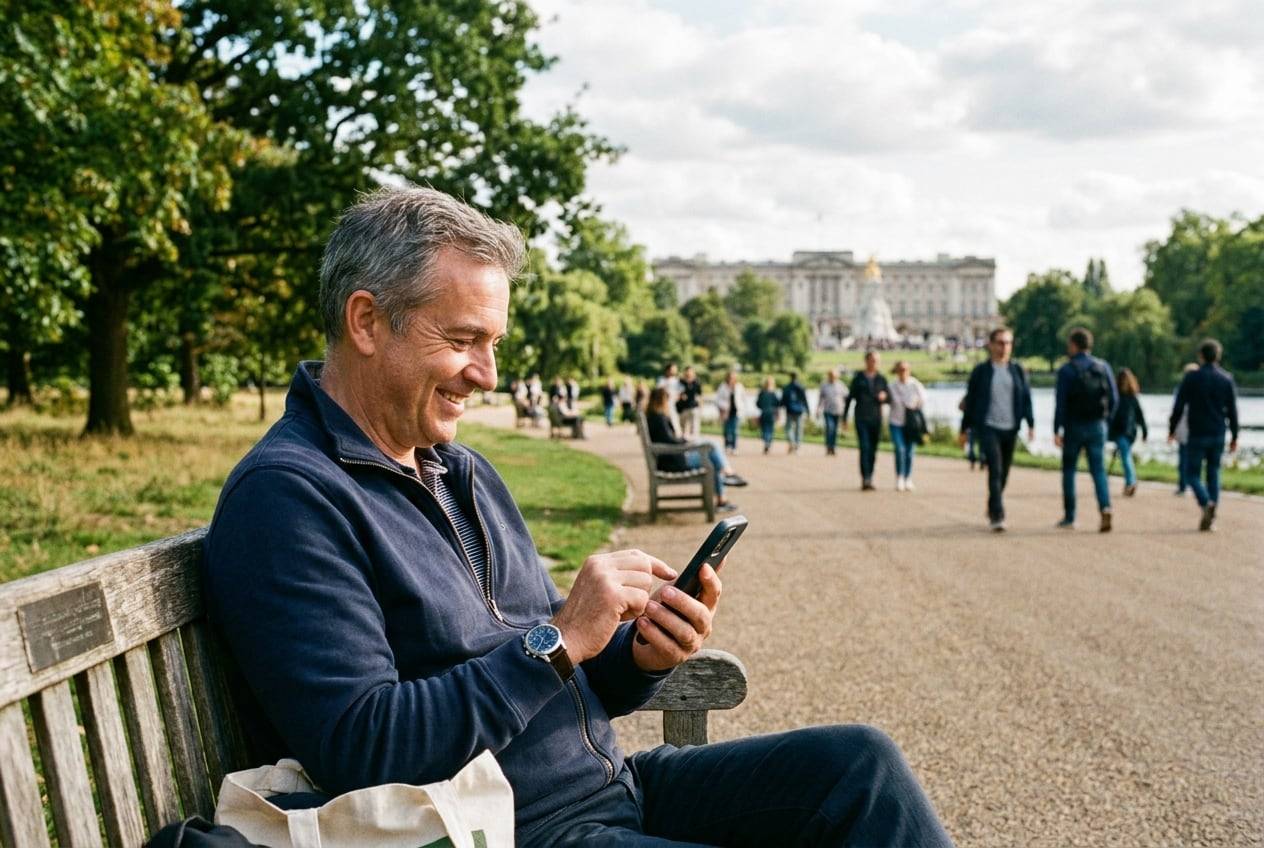A man in his 50s on a bench in Hyde Park, London, typing a post on a phone while sitting on a bench, smiling