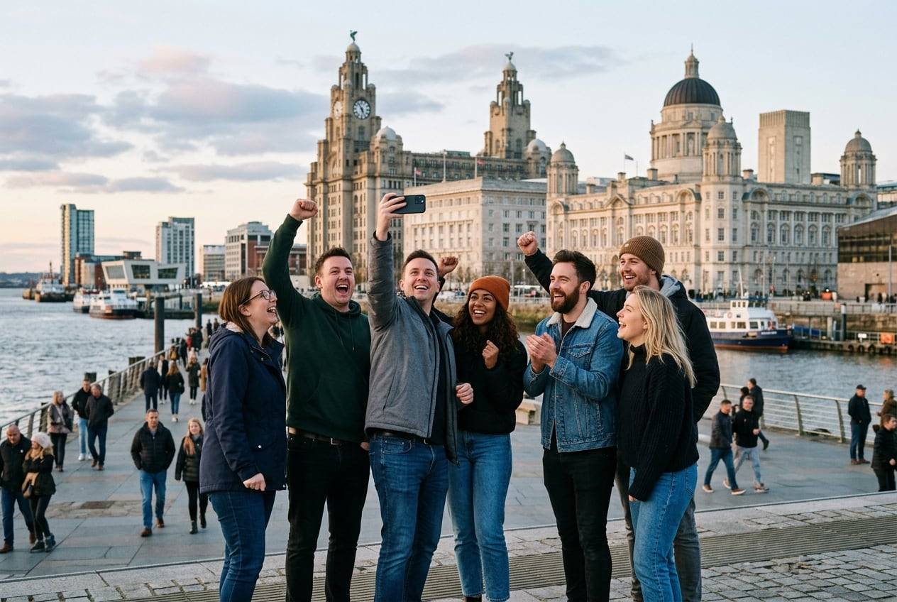A small company team on the Liverpool waterfront by the Royal Liver Building, cheering while looking at one phone, celebrating a campaign launch, in branded-free company clothes