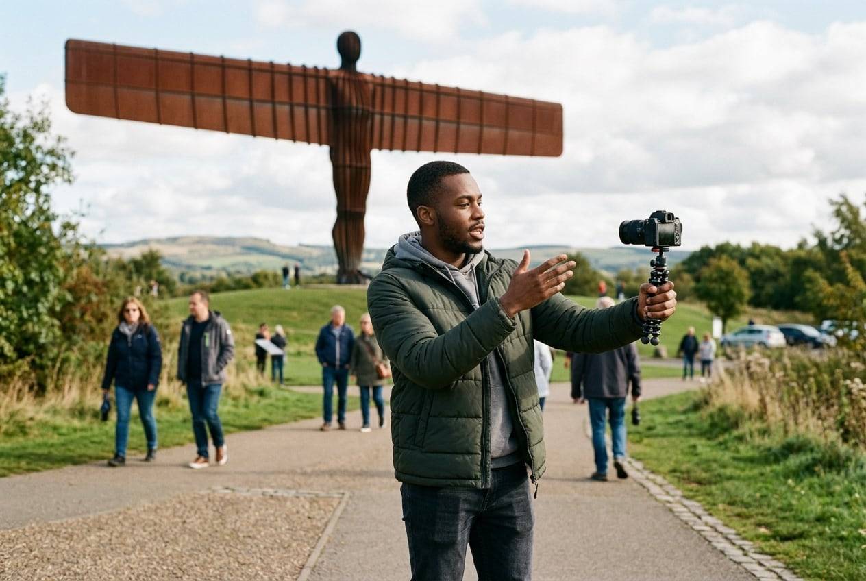 A young Black British man at the Angel of the North, Gateshead, filming a travel vlog with a small camera on a handheld tripod, one person talking