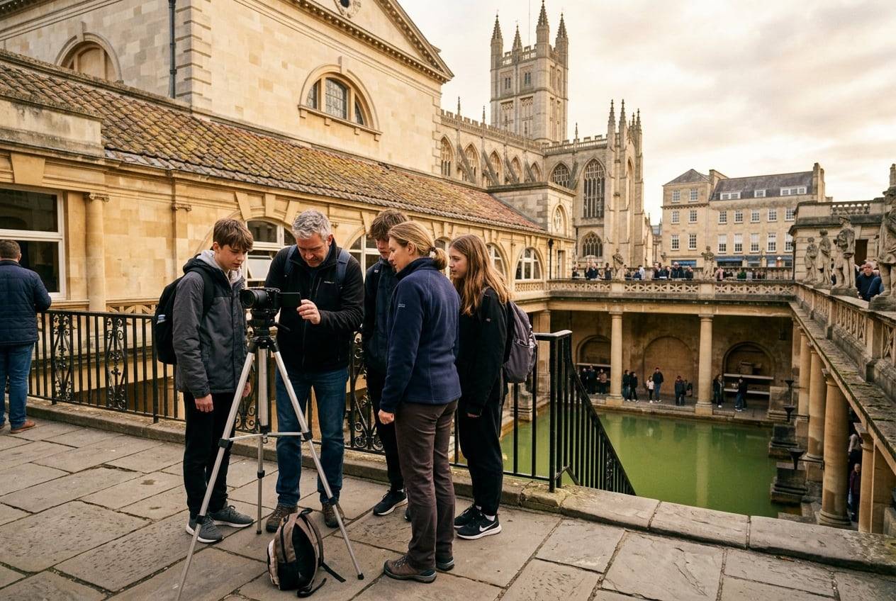 A family at the Roman Baths in Bath, filming a wide shot of the scene with a camera on a tripod, checking the flip screen
