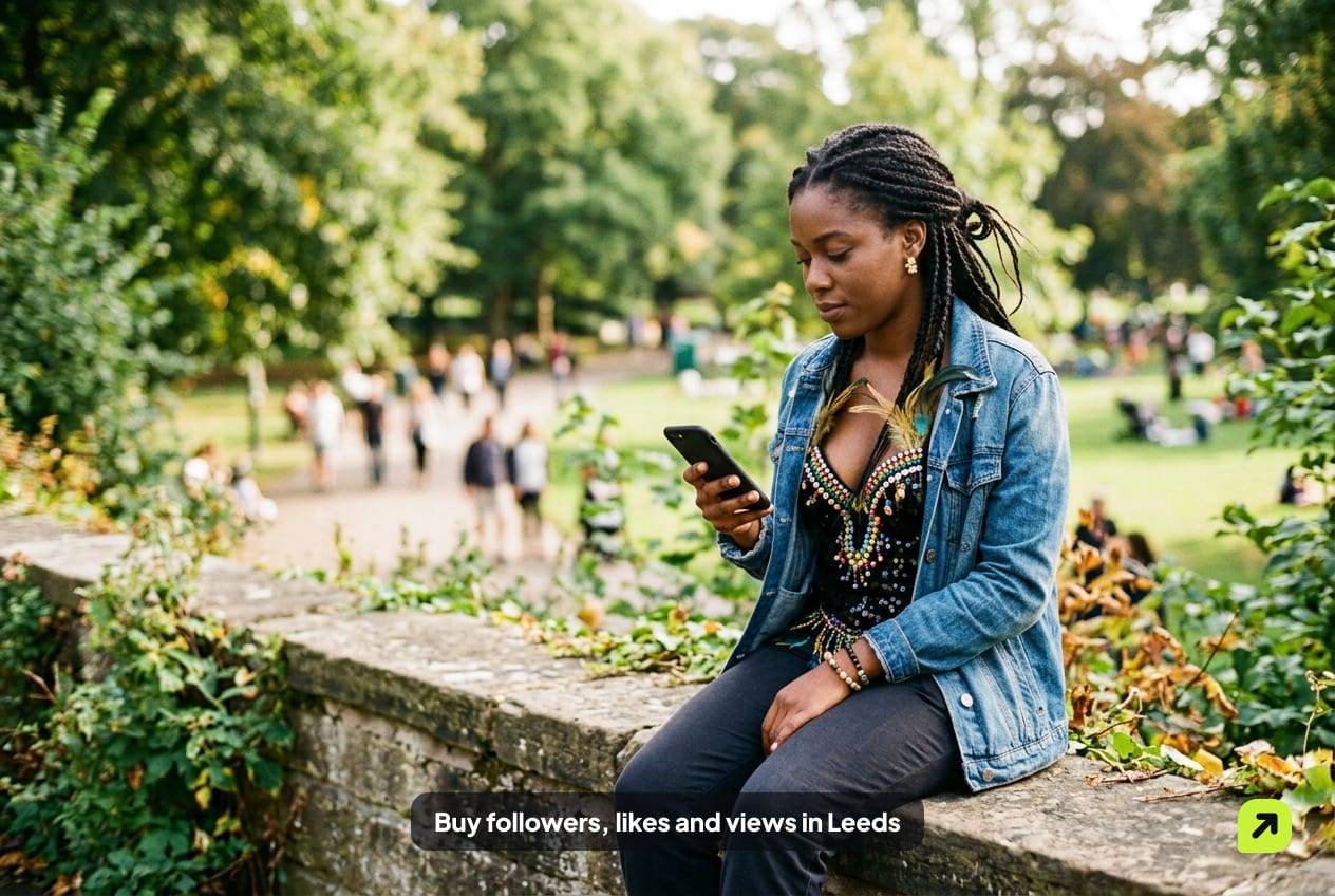 Young woman in a sequined carnival top and denim jacket on a wall in Potternewton Park, Leeds, checking her phone