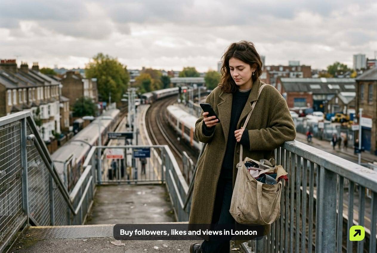 Young designer on a Peckham footbridge on an overcast morning, tote of fabric samples on her shoulder, checking her phone