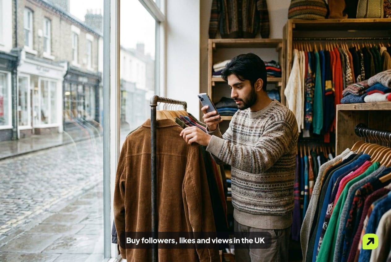 Vintage shop owner photographing a corduroy jacket on a rail by the window of his shop on a rainy UK high street
