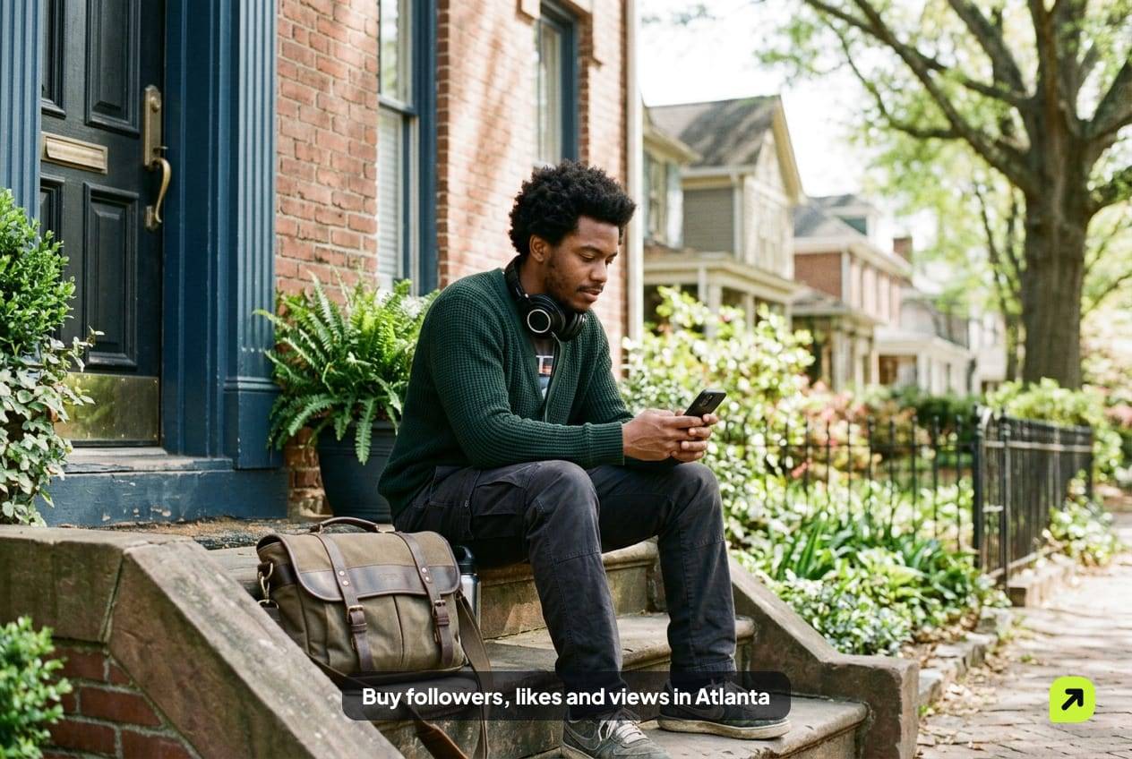 Young music producer on rowhouse steps in Atlanta's West End, headphones around his neck, checking his phone