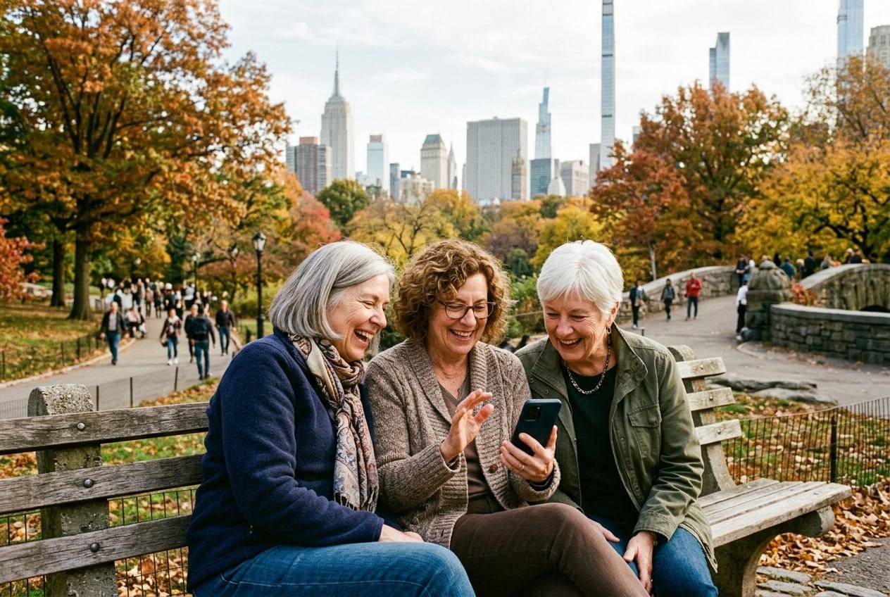 Three older friends on a bench in Central Park, New York, looking at a phone together and laugh at the replies