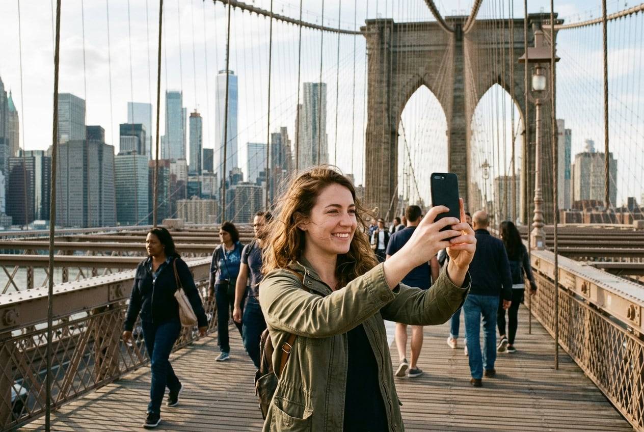 A woman in her 20s on the Brooklyn Bridge walkway, Manhattan skyline behind, taking a selfie-style photo for a Instagram profile with a phone held up